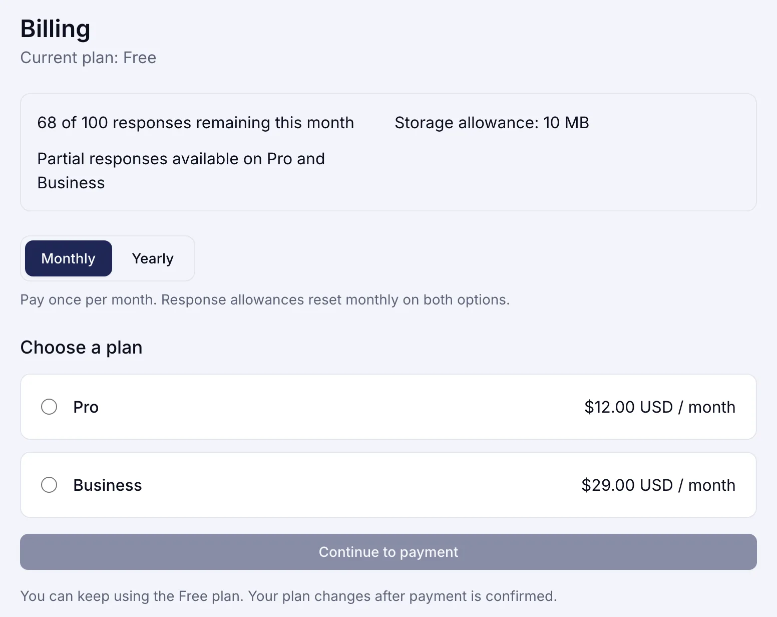 The trulyform billing page on the Free plan: 68 of 100 responses remaining this month, a 10 MB storage allowance, and the Pro and Business plans
