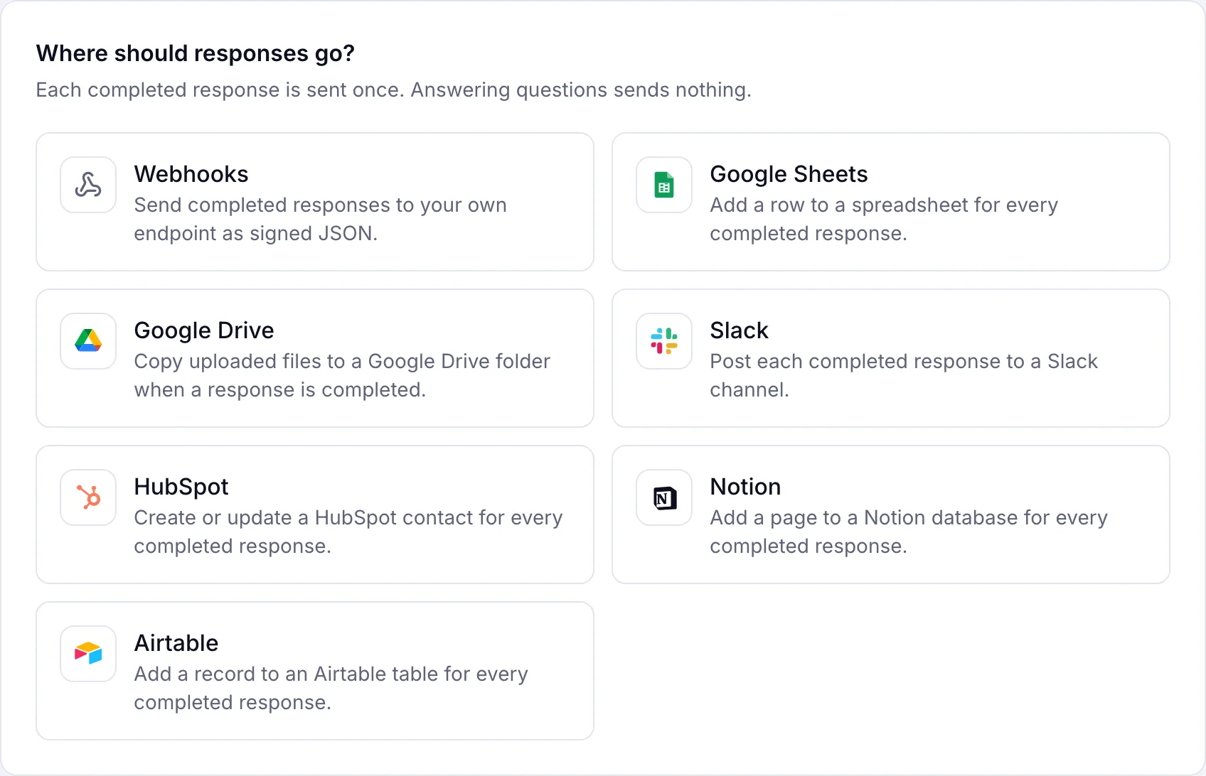 The Integrations tab of a trulyform form, offering Webhooks, Google Sheets, Google Drive, Slack, HubSpot, Notion and Airtable