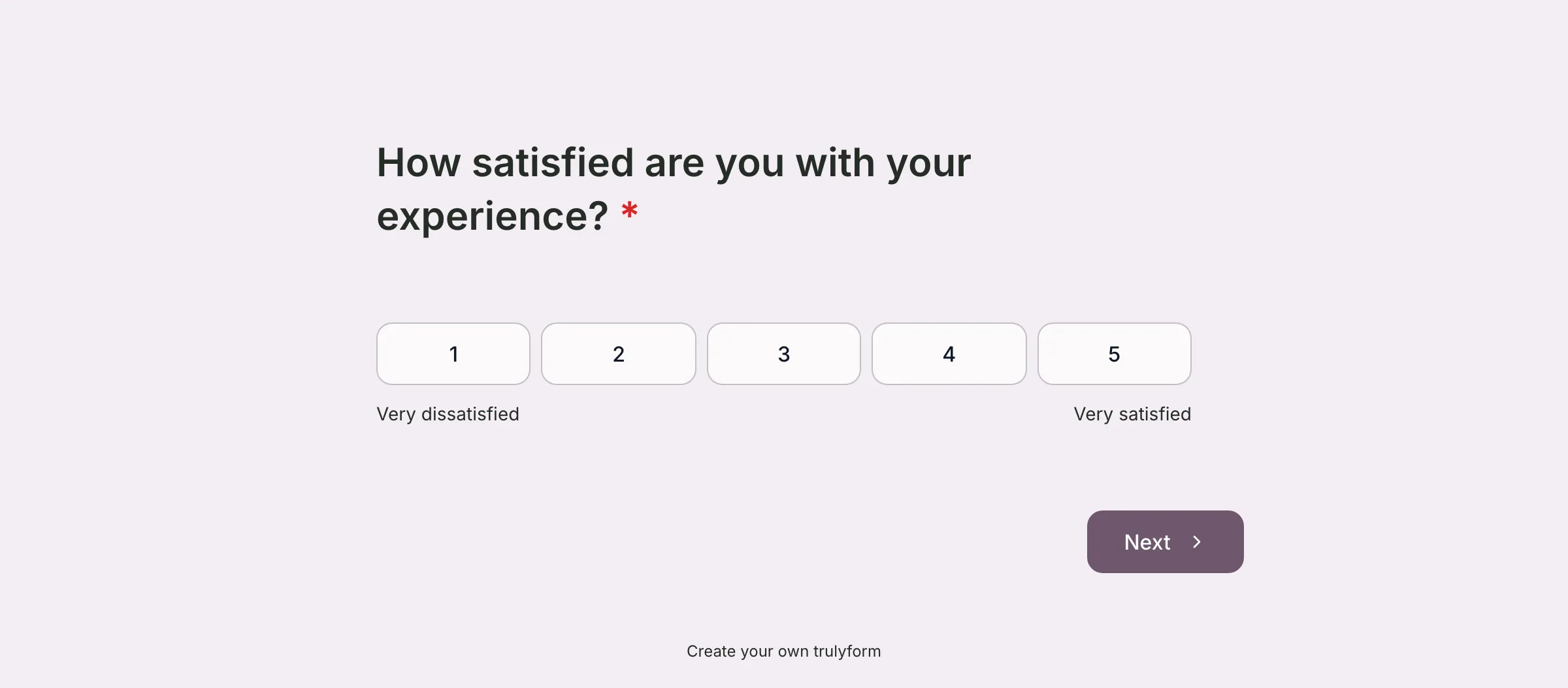 A published trulyform Customer feedback form showing one question, How satisfied are you with your experience?, with a 1 to 5 scale and a Next button