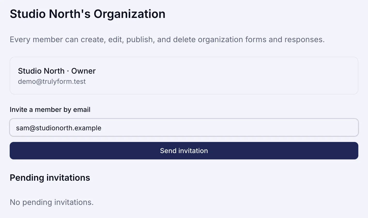 The trulyform organization members page, with an invitation to a new member ready to send