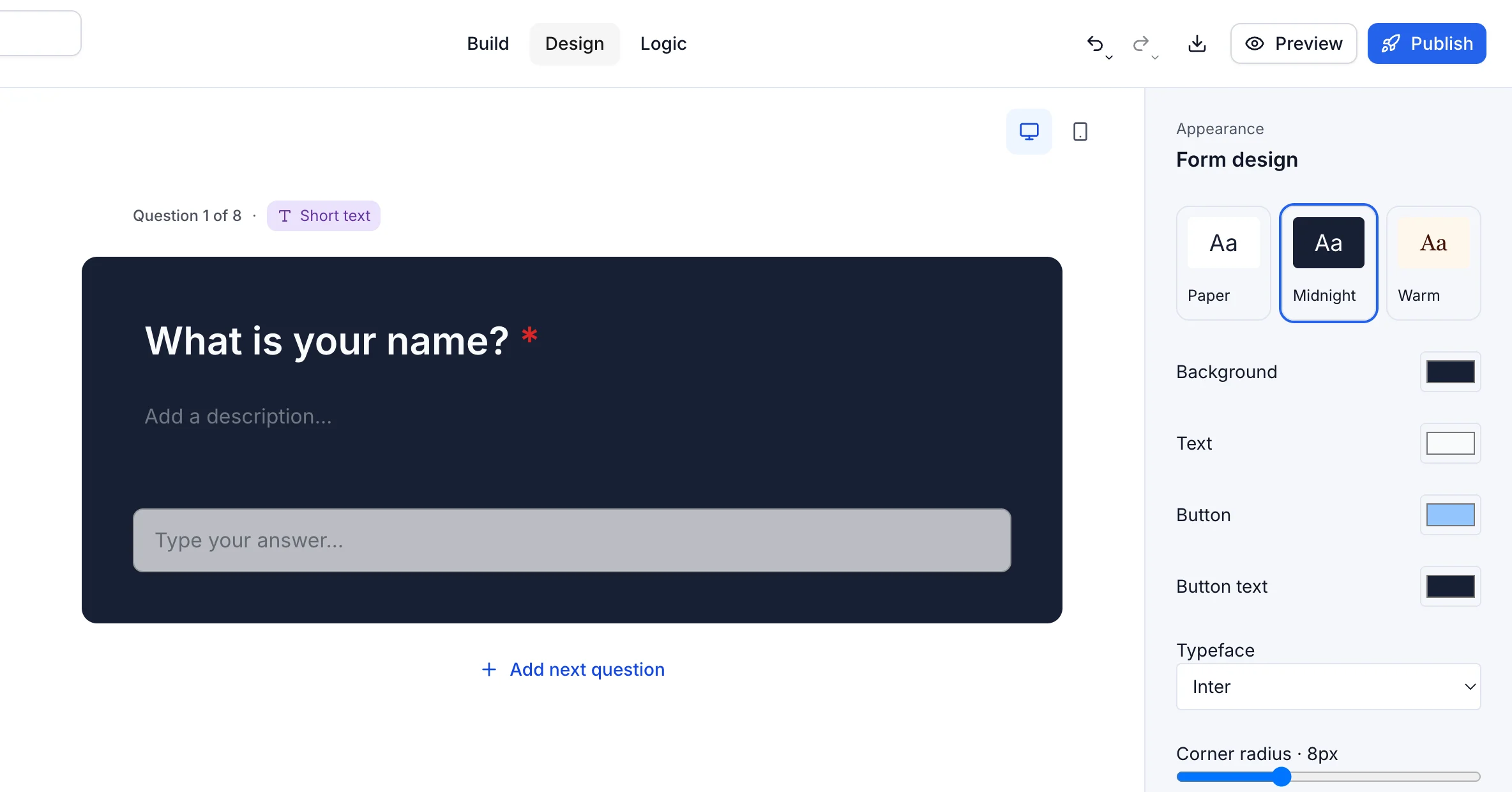 The trulyform design panel with the Midnight theme applied, color settings, a typeface menu and a corner radius slider