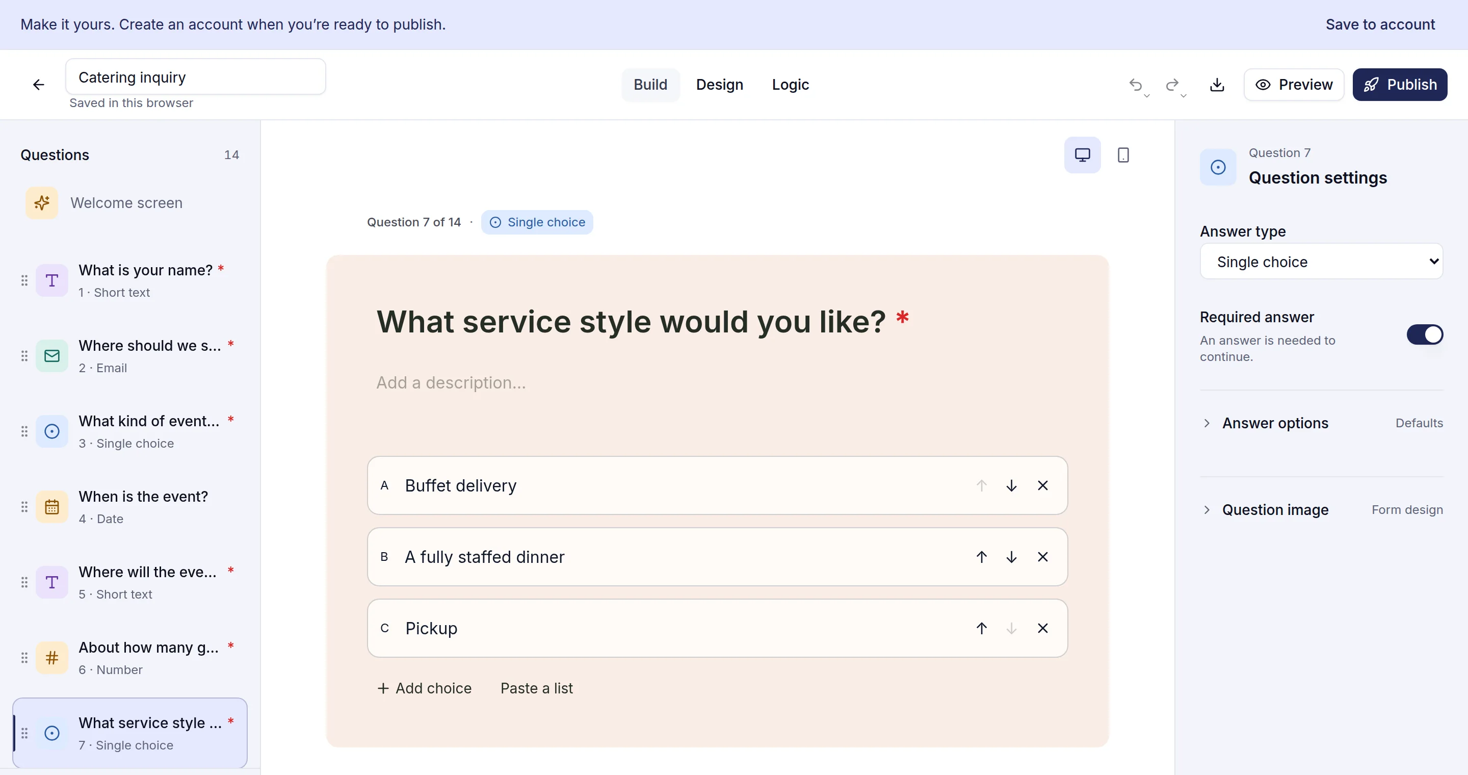 The Catering inquiry template open in the trulyform editor