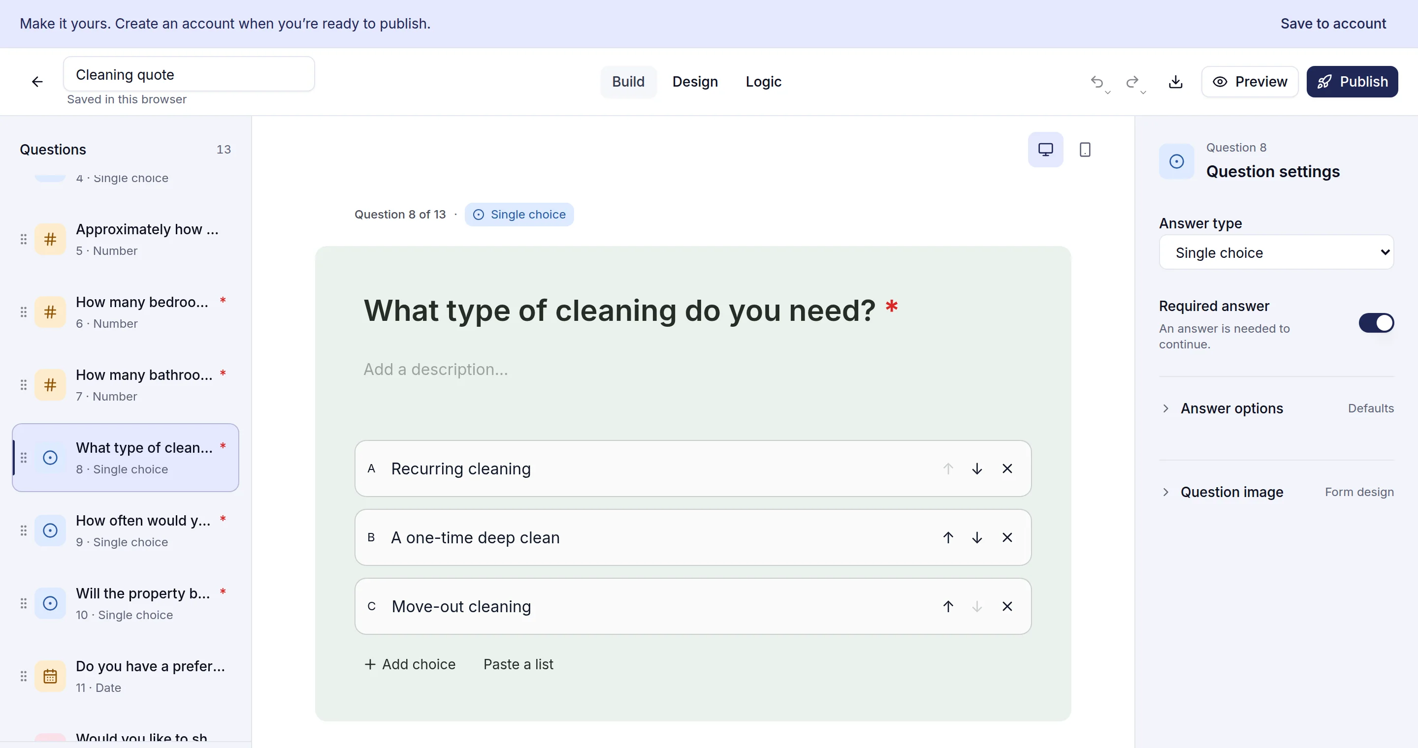 The Cleaning quote template open in the trulyform editor