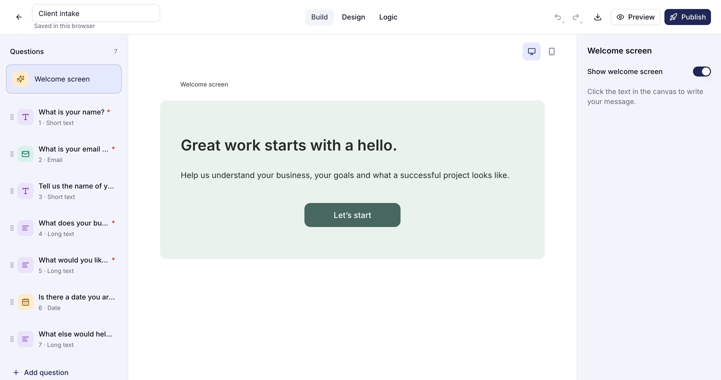 The Client intake template open in the trulyform editor