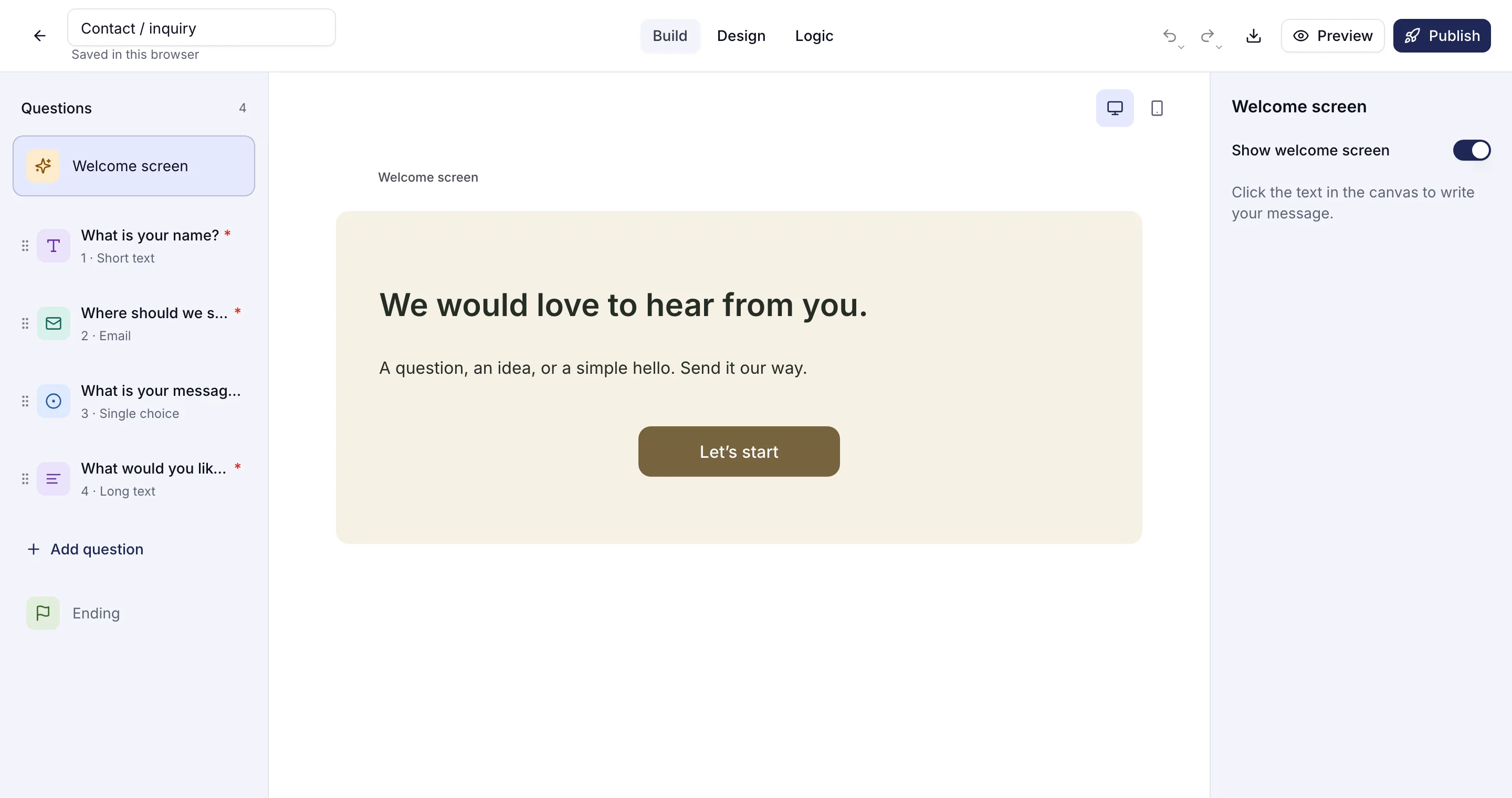 The Contact / inquiry template open in the trulyform editor