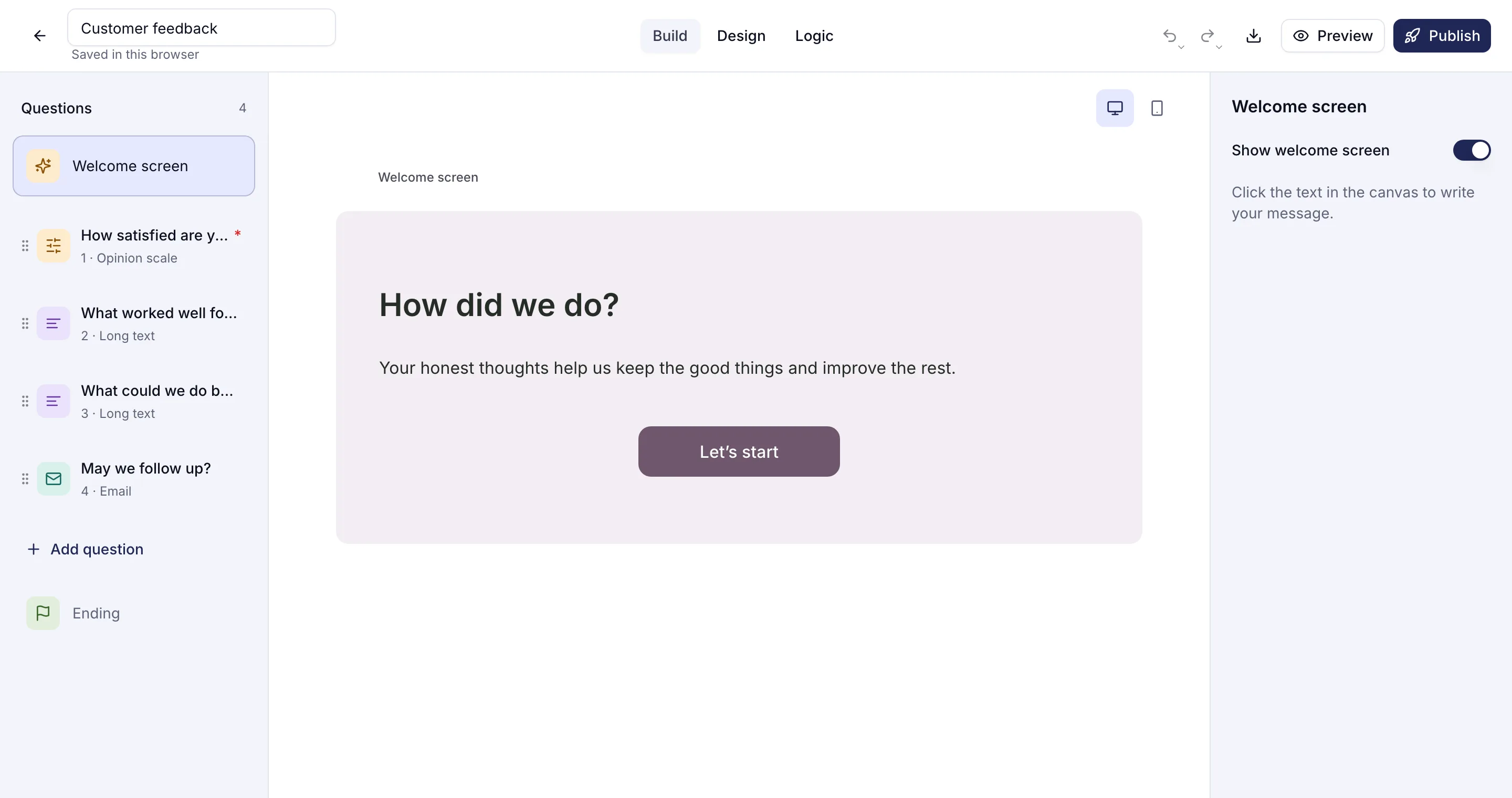 The Customer feedback template open in the trulyform editor