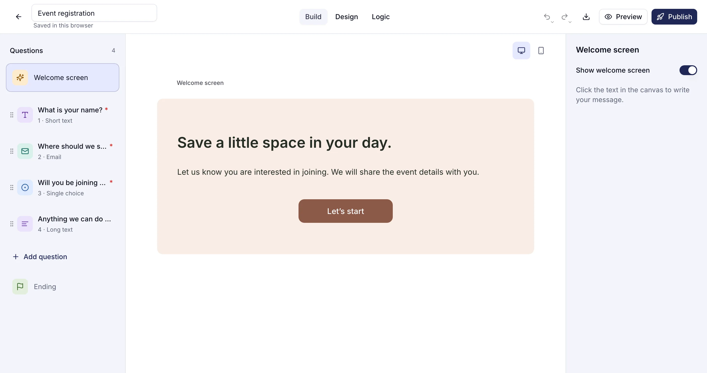 The Event registration template open in the trulyform editor