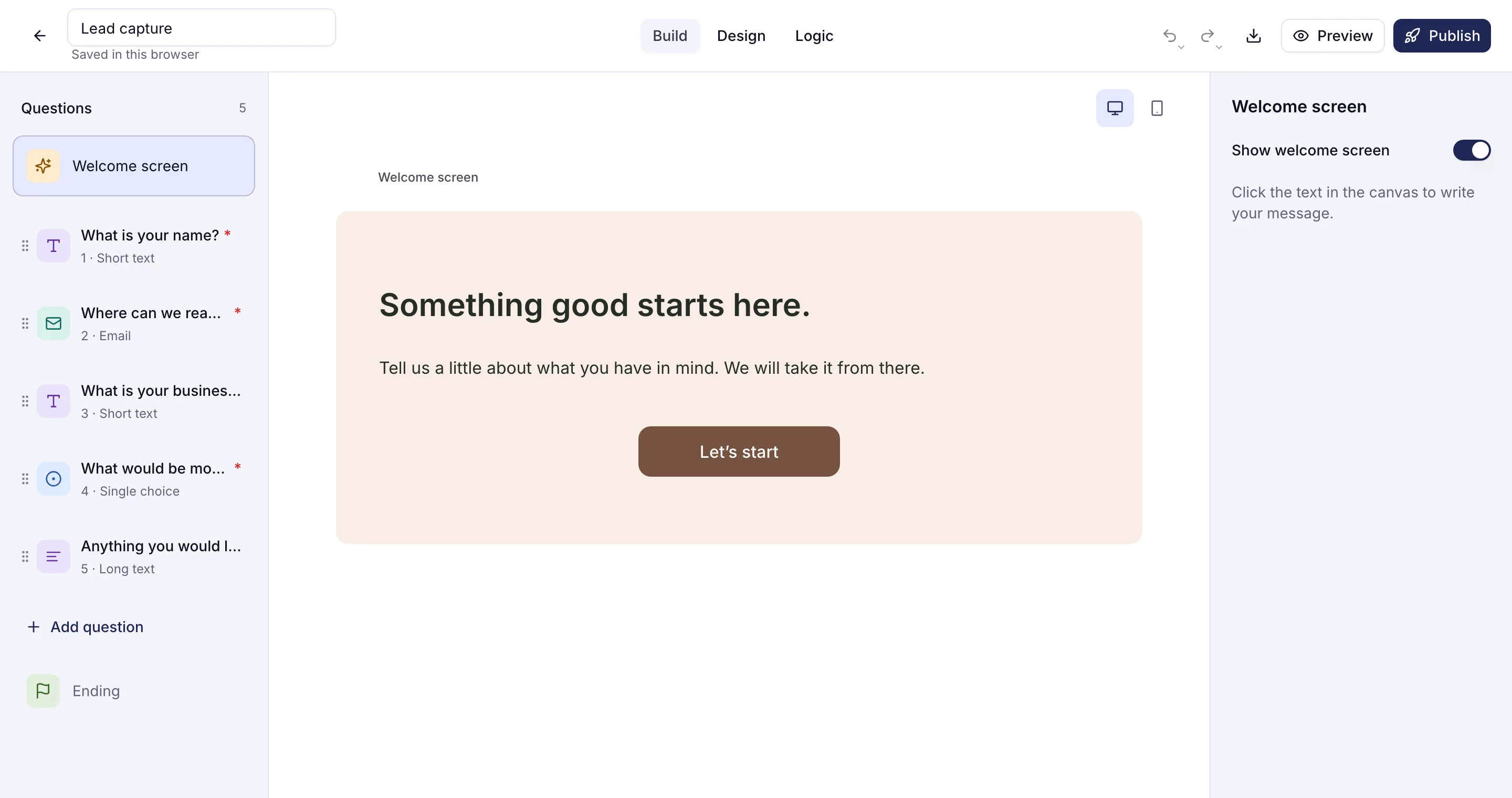 The Lead capture template open in the trulyform editor