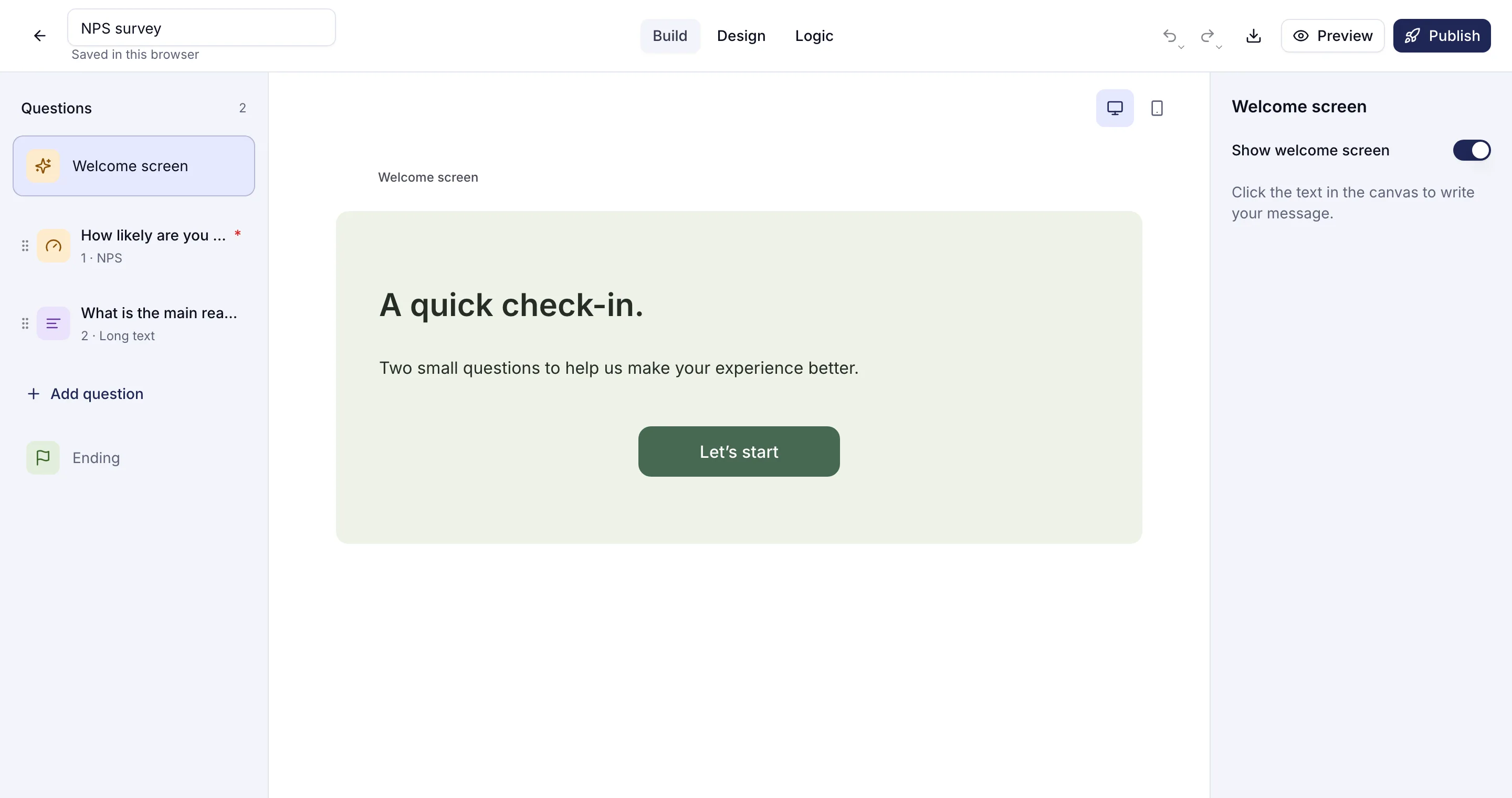 The NPS survey template open in the trulyform editor