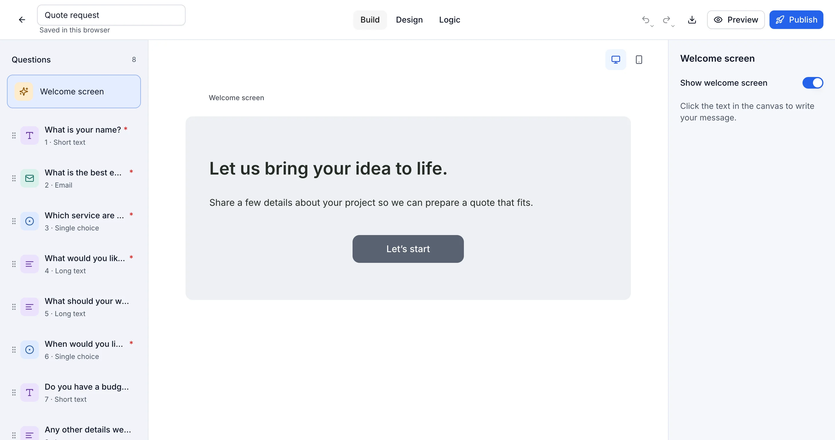 The trulyform editor with a quote request template, question list, and editable welcome screen