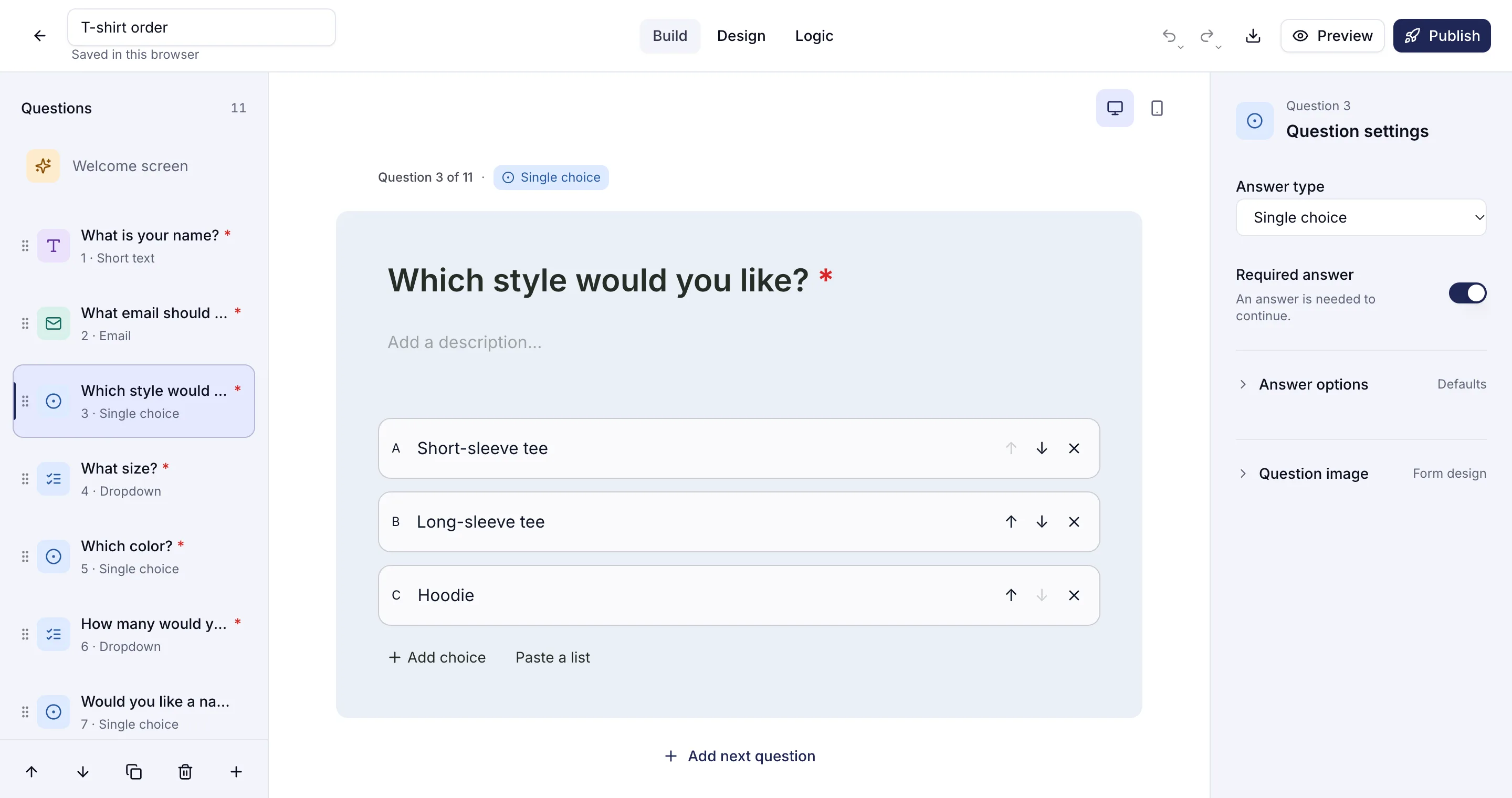 The T-shirt order template open in the trulyform editor