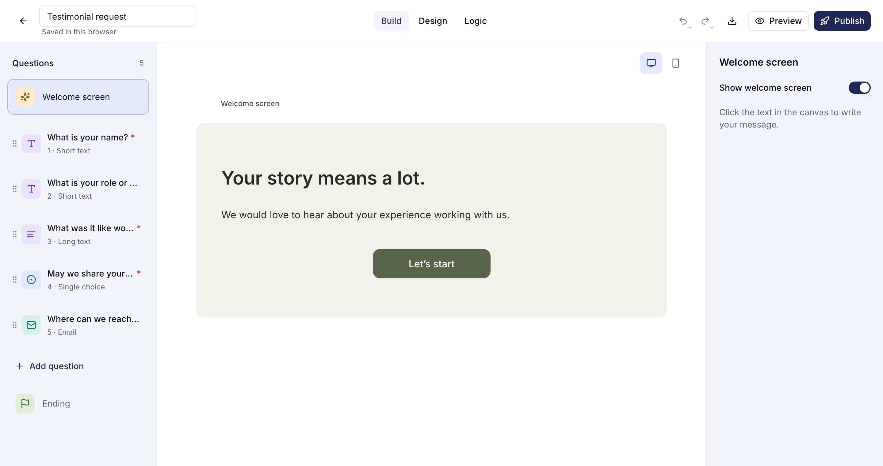 The Testimonial request template open in the trulyform editor