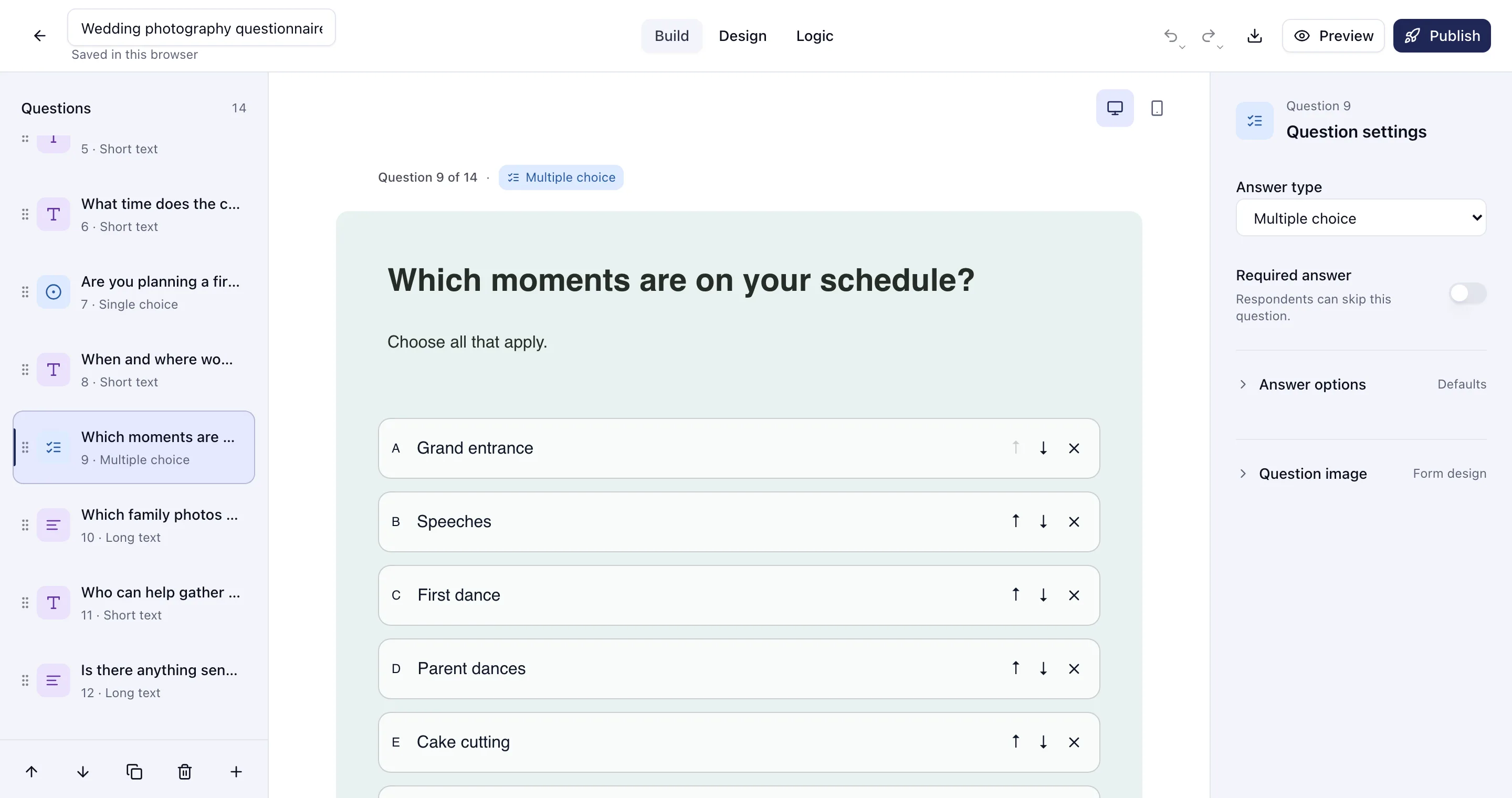 The Wedding photography questionnaire template open in the trulyform editor