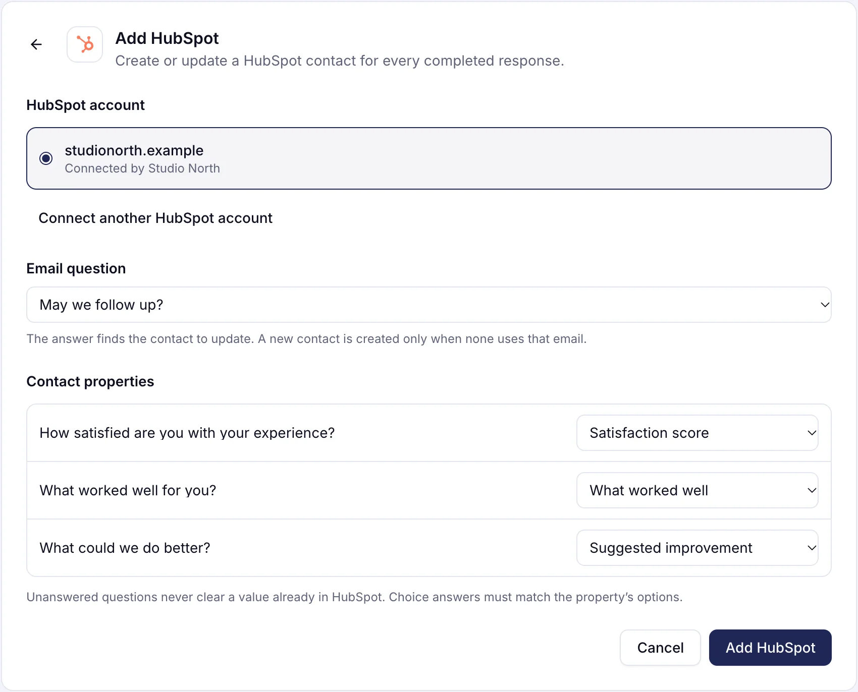 The Add HubSpot panel in trulyform: a connected account, the email question that identifies the contact, and answers mapped to contact properties