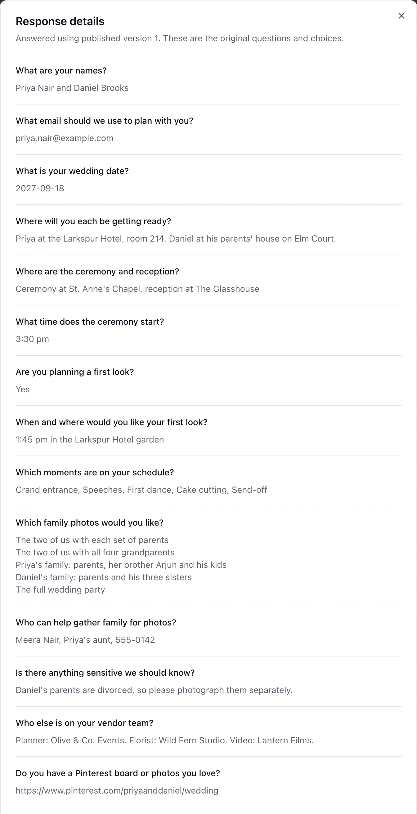 A completed wedding photography questionnaire in trulyform with the date, getting-ready locations, venues, first look plan, key moments and family photo list